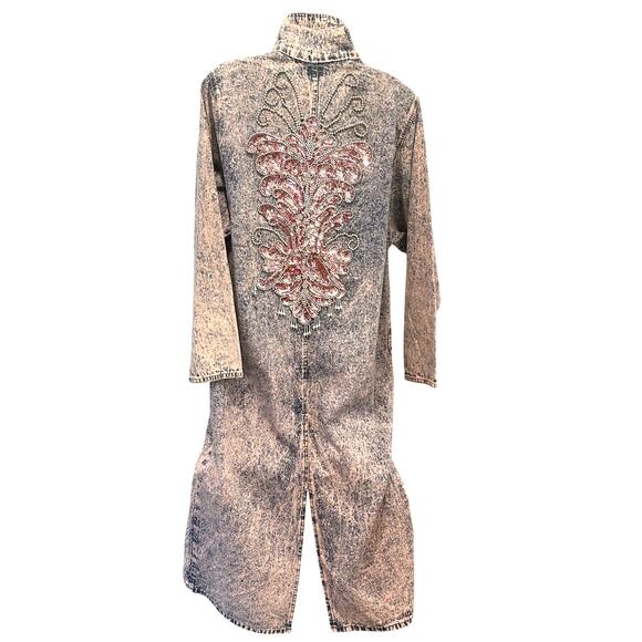 Designs USA Vintage Acid Washed Long Embellished Bejeweled Pink Denim Duster - Picture 10 of 16